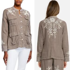Johnny Was Workshop Oleander Linen Jacket Grey Safari Embroidered Women Medium